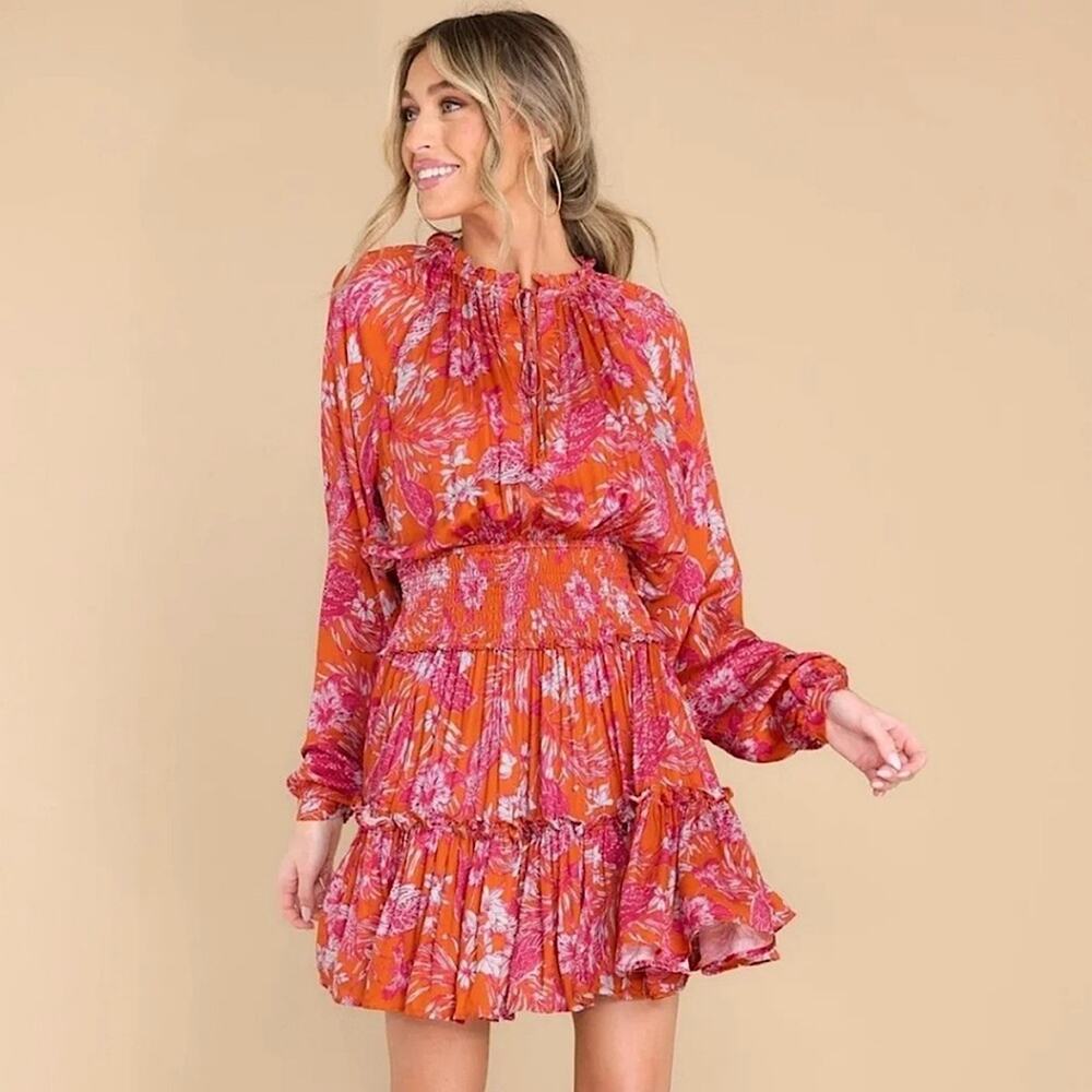 Olivaceous Orange & Pink Floral Long-Sleeve Mini Dress